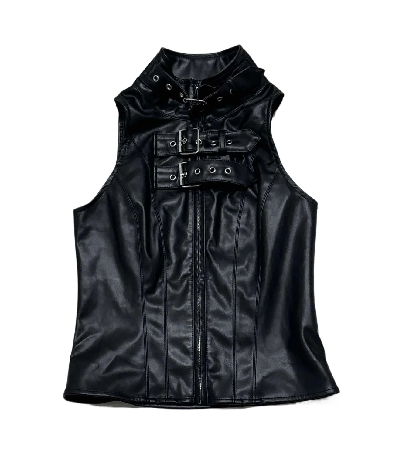 Punk Street Style Spice Girl Turtleneck Metal Buckle Pu Leather Vest Slim Fit S…