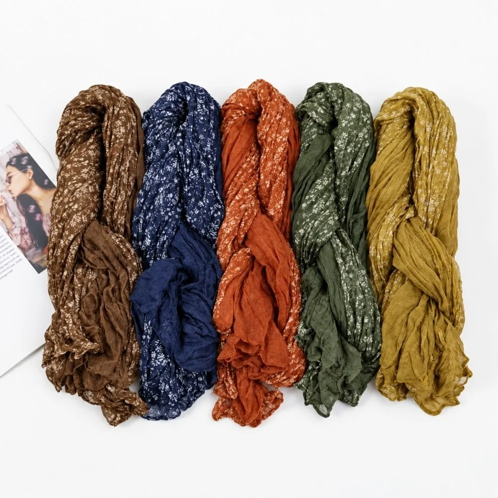 Vintage Flower Printed Pleated Scarf Yarn Color Block Neck Wrap Shawl Keep Warm Neck Warmer Autumn