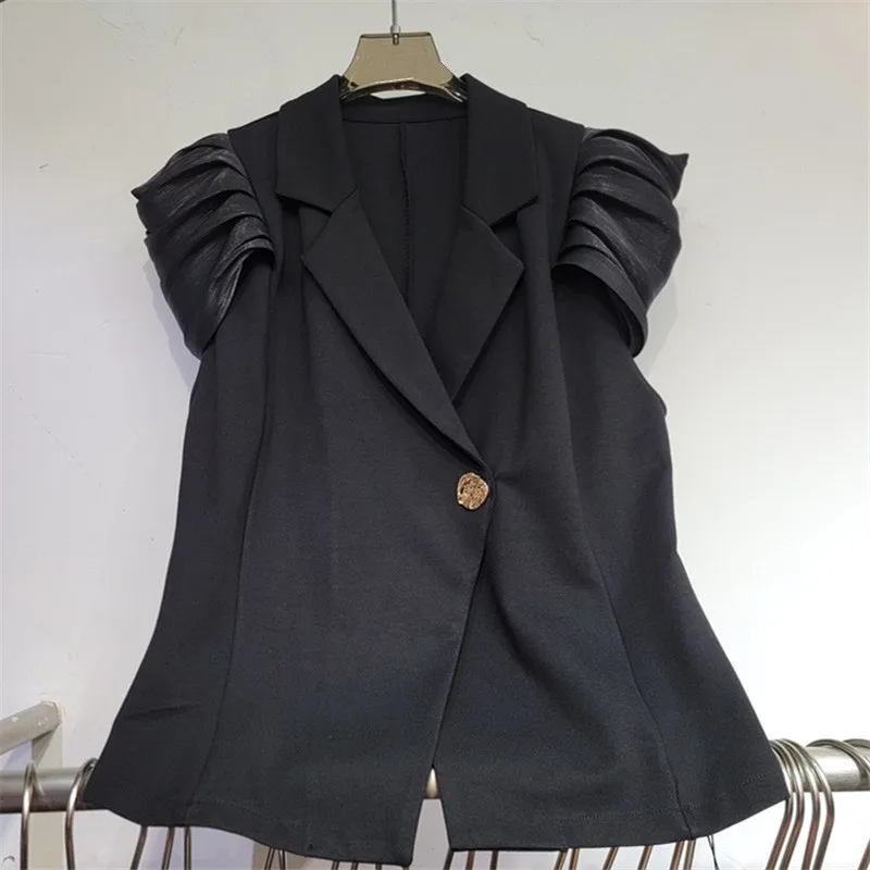 Coffee Color Black Women Short Suit Vest Fashion Pleated Puff Sleeve Design Notched Collar Single Button Sleeveless Waistcoat