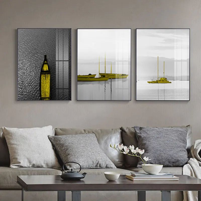 Yellow Boat Canvas Painting Black and White Posters and Prints Wall Art Pictures for Living Room Lake Cuadro Home Decor No Frame