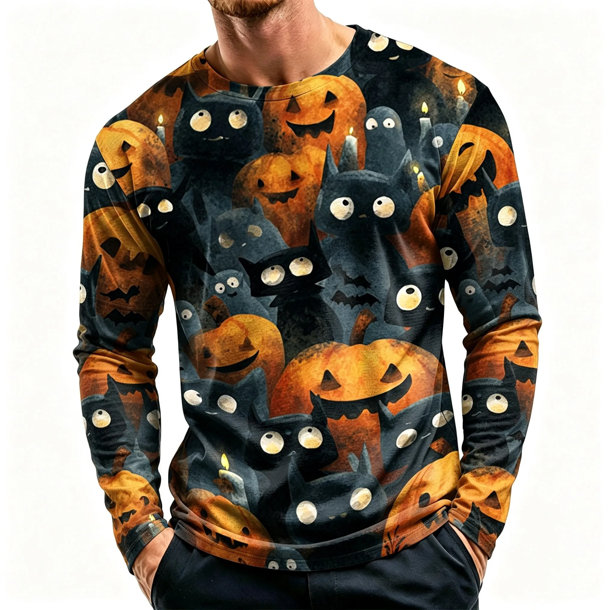 Men's Long Sleeve T-Shirt Halloween Black Cat Pumpkin Bat Haunted Castle 3D Print Crew Neck Casual Tops