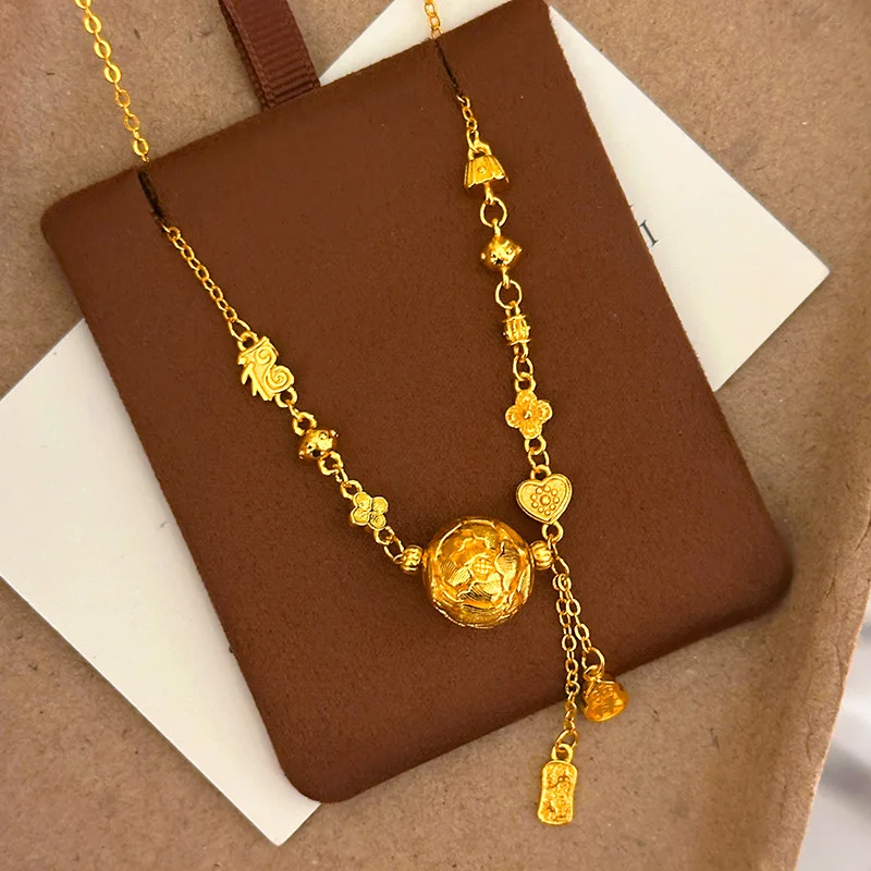 Wedding Bridal Necklace Luxury 9999 24K Real Gold Lucky Word Pendant Engraved Peony Flower Dragon Ball Necklace for Women