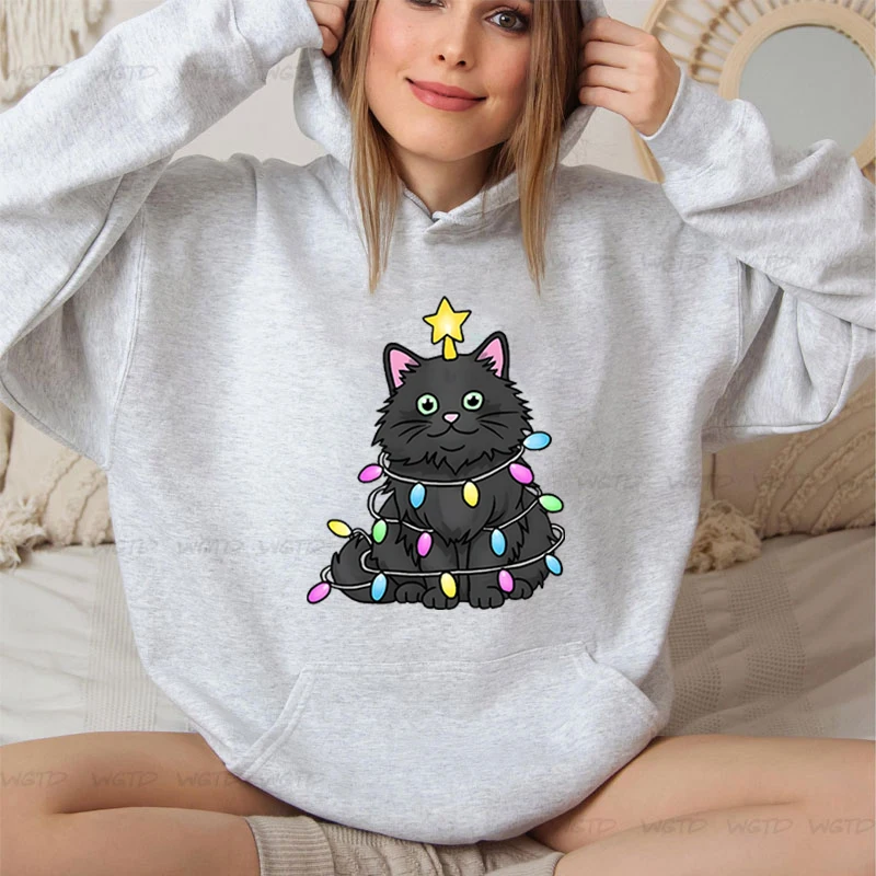 Women’s Graphic Funny Comic Black Cat Christmas Long Sleeves Hoodies Casual Cartoon Creative Merry Christmas Female Sweatshirts