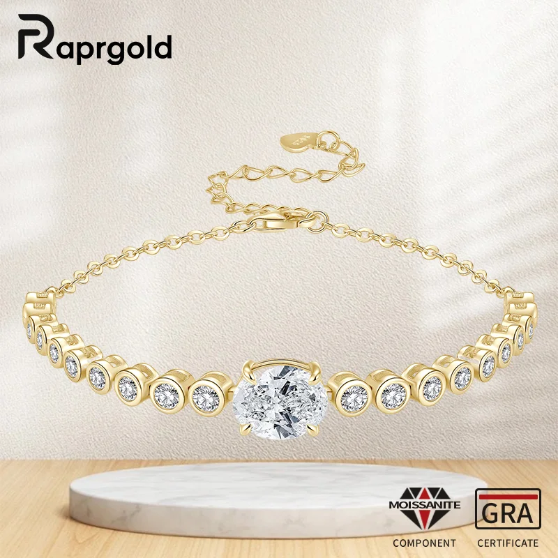 

RAPRGOLD Oval Cut 8x10mm 3CT Moissanite Bracelet Chain for Women Real S925 Sterling Silver Bracelets Wedding Fine Jewelry Gifts