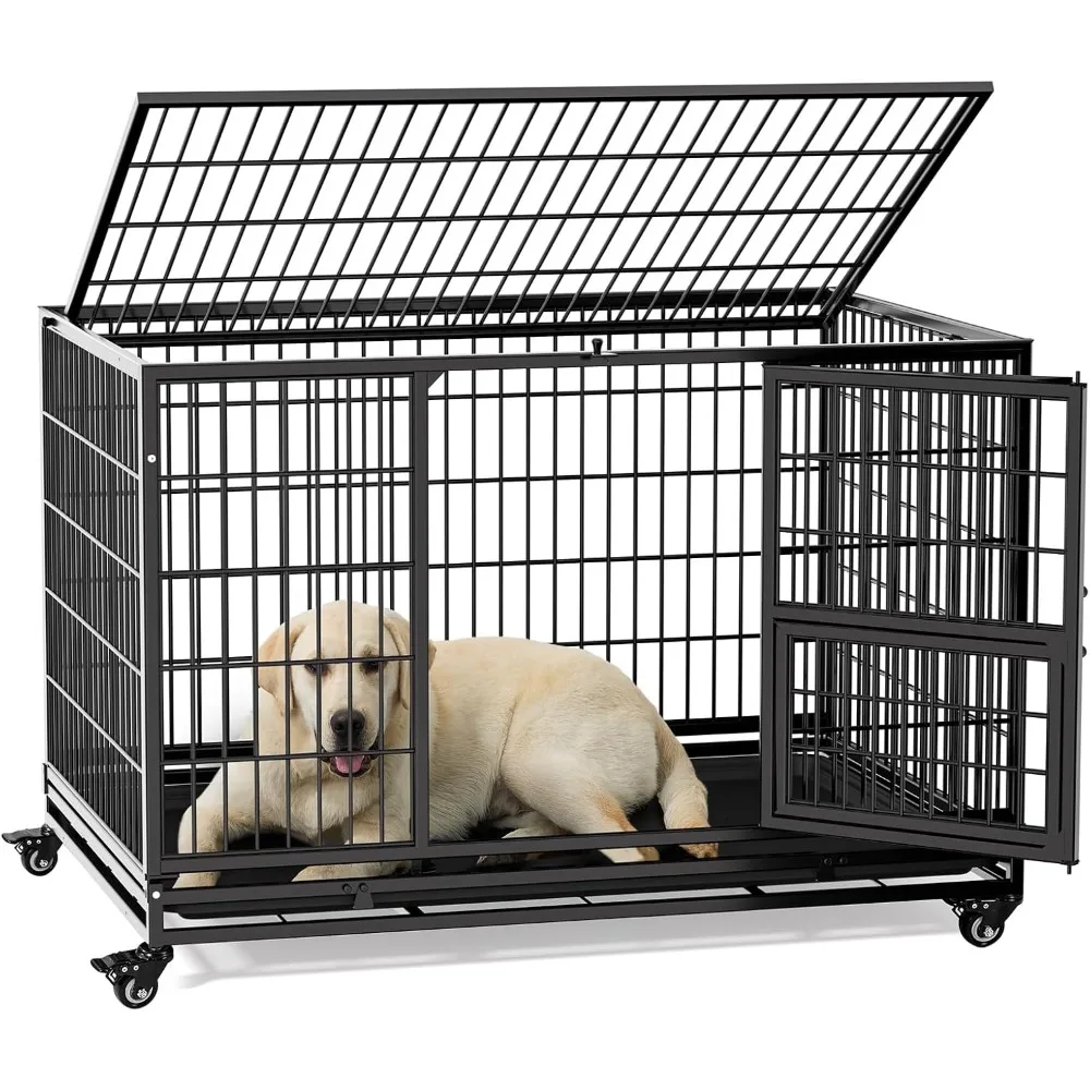 

43 Inch Heavy Duty Dog Crate with Wheels, Folding Metal Dog Cage for Small/Medium and Large Dogs, Indestructible Dog Crate