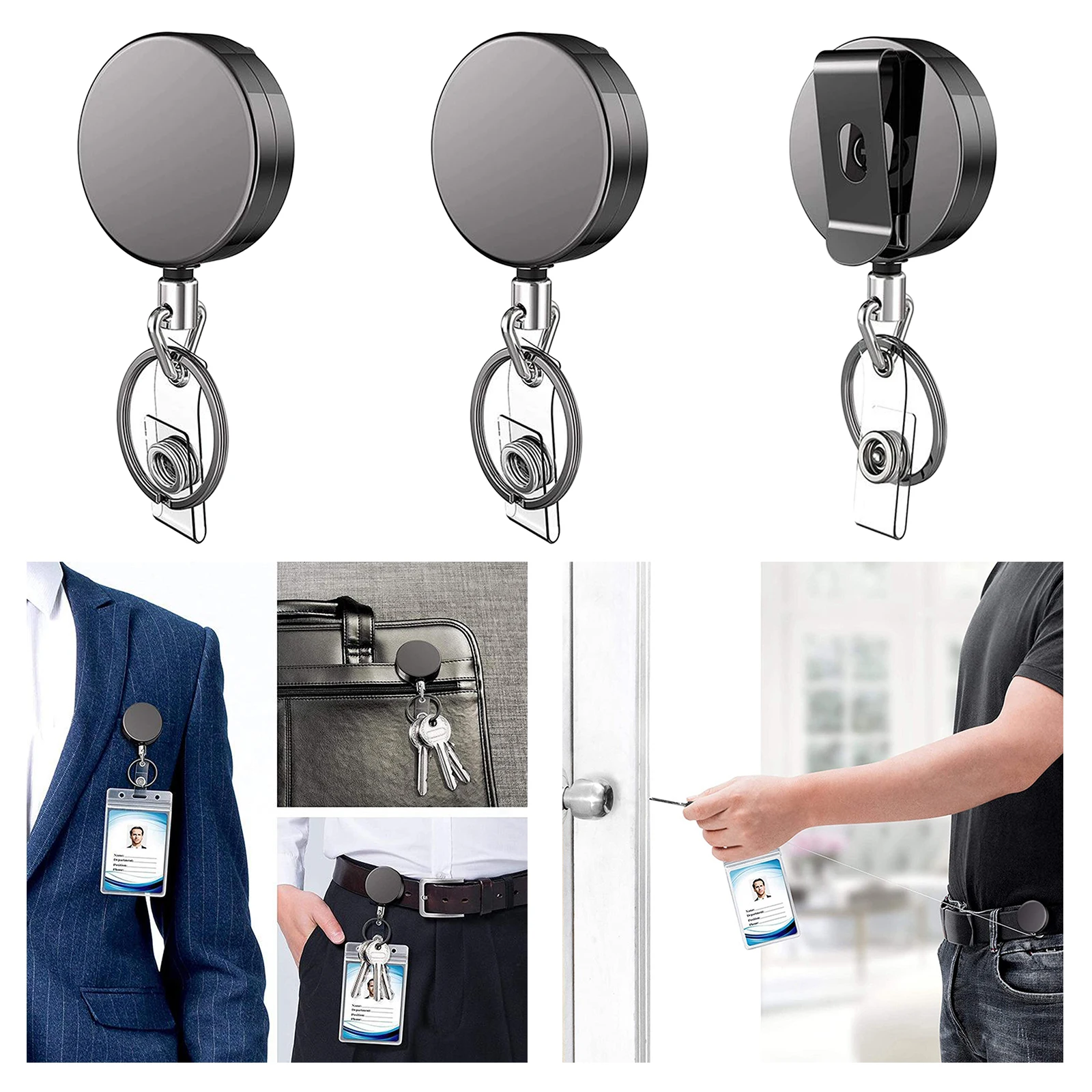 3x Pull Keychain Retractable ID Holder Security Card Identity Clips