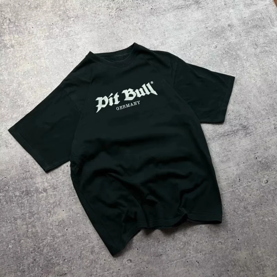 Vintage Pitbull Rap T Shirt Black Big Center Logo Hip Hop Style Summer Round Neck T-shirt