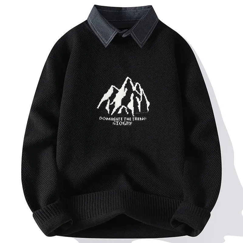 

Extra Large Size Men's irt Collar Sweater Warm Base Layer Vintage Knitted Two-Piece Autumn Winter Comfortable Breathable