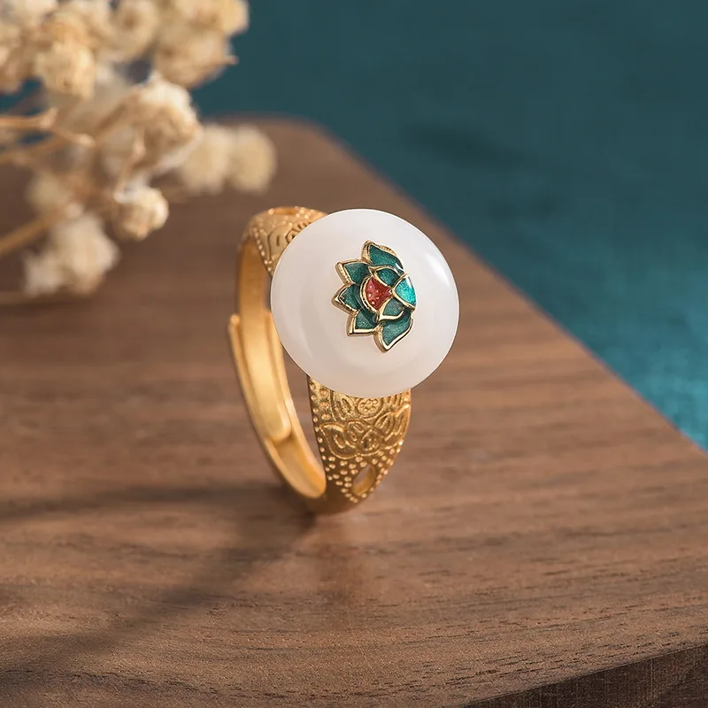 New Vintage Chinese Style Lotus Ring Imperial Enamel Copper Gold Plated Handmade Women's Jewelry
