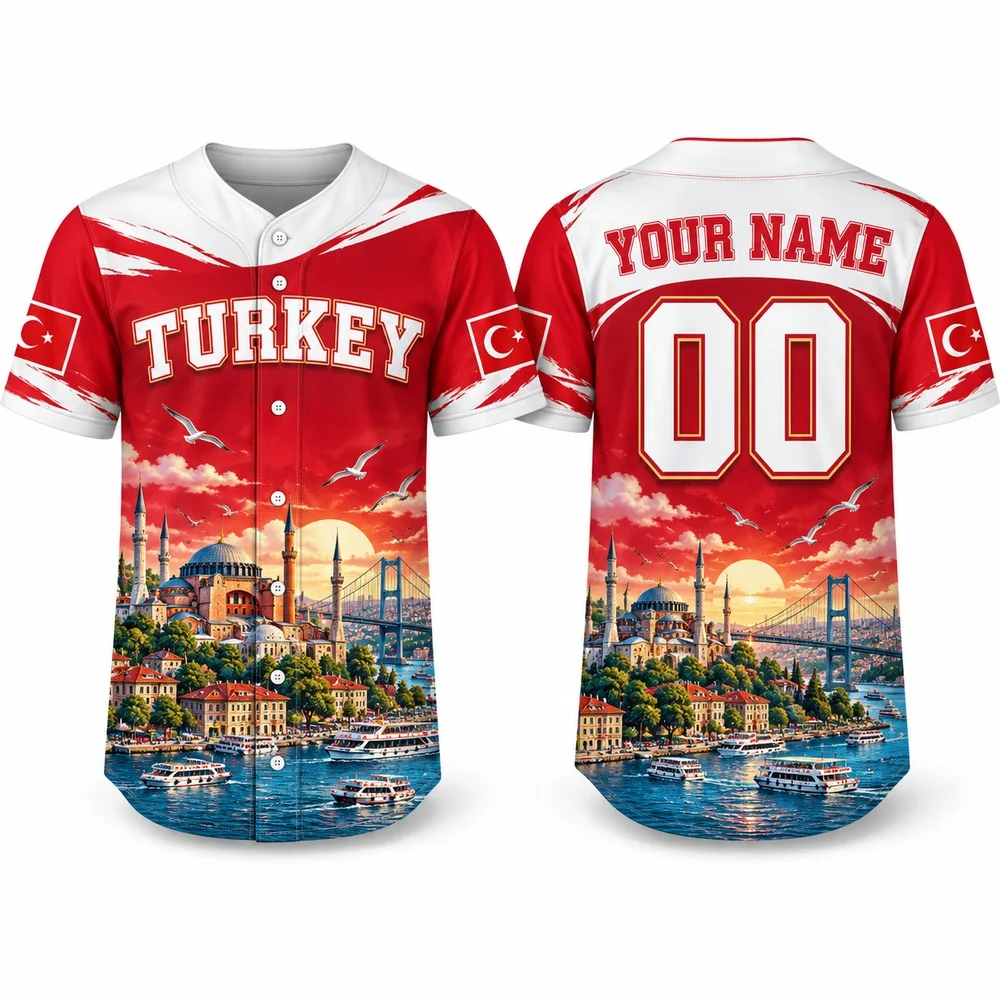 Turkey Cappadocia and Istanbul Jerseys Shirt Custom Baseball Jersey Name Number Shirts with Red White Flag and Tulip Art