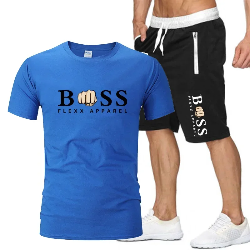 2024 Fashion Print New Sports Gym Running Men Cotton Round Neck T-shirt Summer Breathable Sports Casual Shorts Two Piece Sets