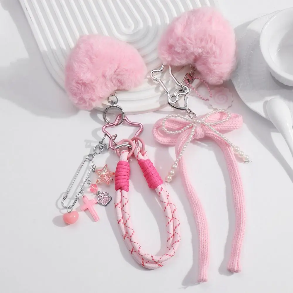 Bow Cute Plush Keychain Hand-Beaded Pearl Backpack Hanging Ornaments Sweet And Lovely Pink Car keychain All-match