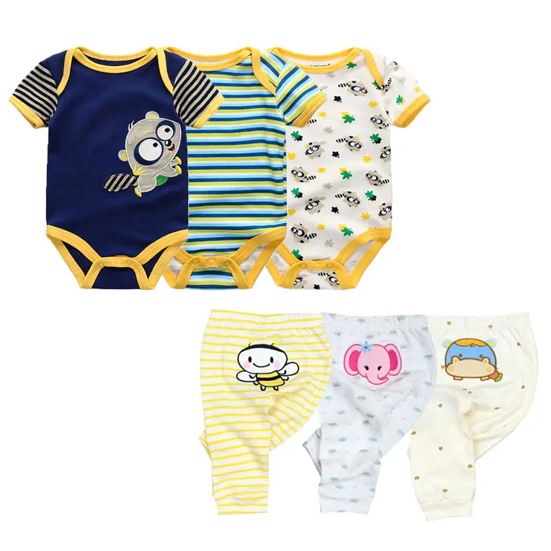 Fetchmous 6Pcs/lot bodysuits and pants Four Seasons Cartoon Newborn Baby Boy Girl Bodysuits baby pants Soft Baby Clothing