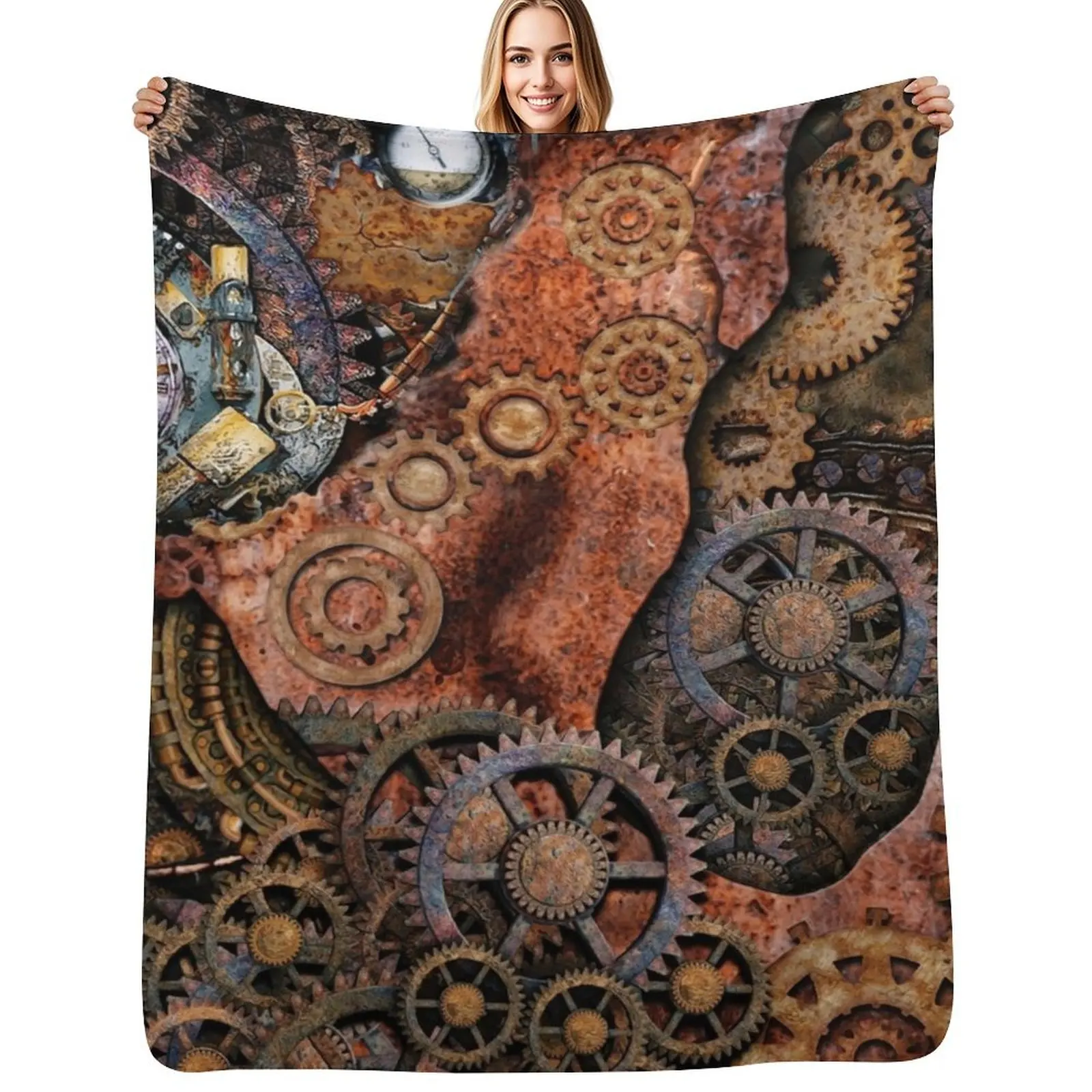 Steampunk Gear Art | Clockwork Gears | Steampunk Cogwheel Gears Throw Blanket Compact Warm Blanket for Car Road Trip