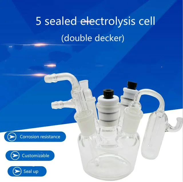 

5 sealed electrolysis tanks, matching glass inlet and outlet devices and capillary tubes. Single layer.