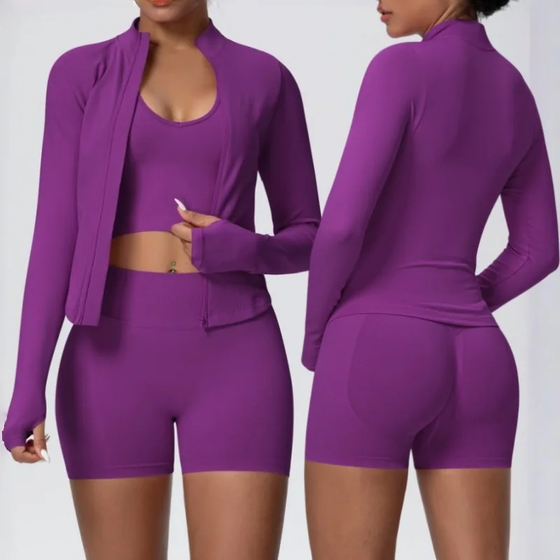 

Женский однотонный бесшовный комплект для йоги, скоростная сушка, подтяжка бедер, плотный трикотажный комплект для занятий спортом на открытом воздухе, для отдыха, бега, фитнеса, комплект из 3 предметов