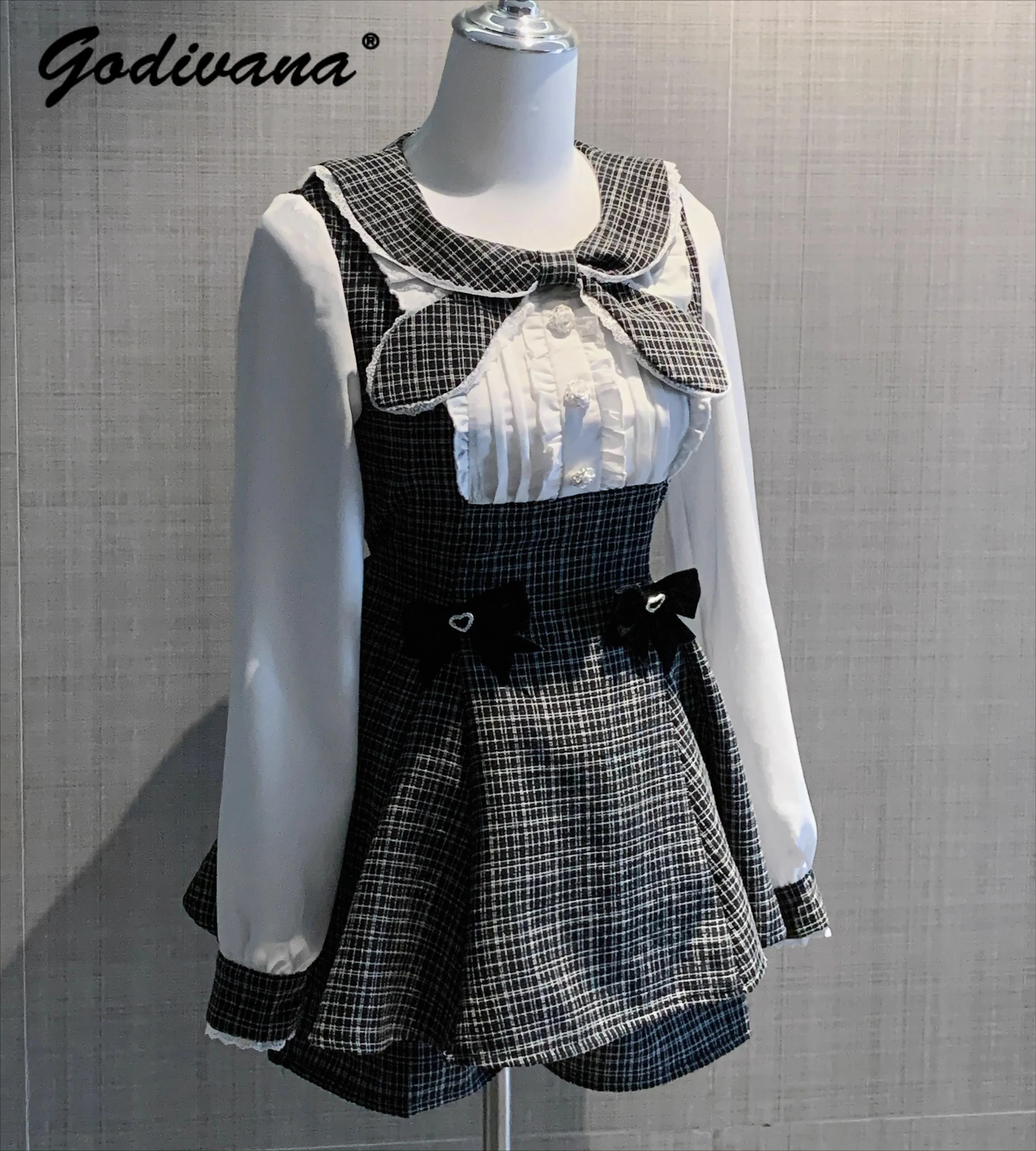 

Original Japanese Mass-produced Women's Long-sleeved Bow Slim Shirt Dress +shorts Two-piece Suits Spring Lolita Outfits