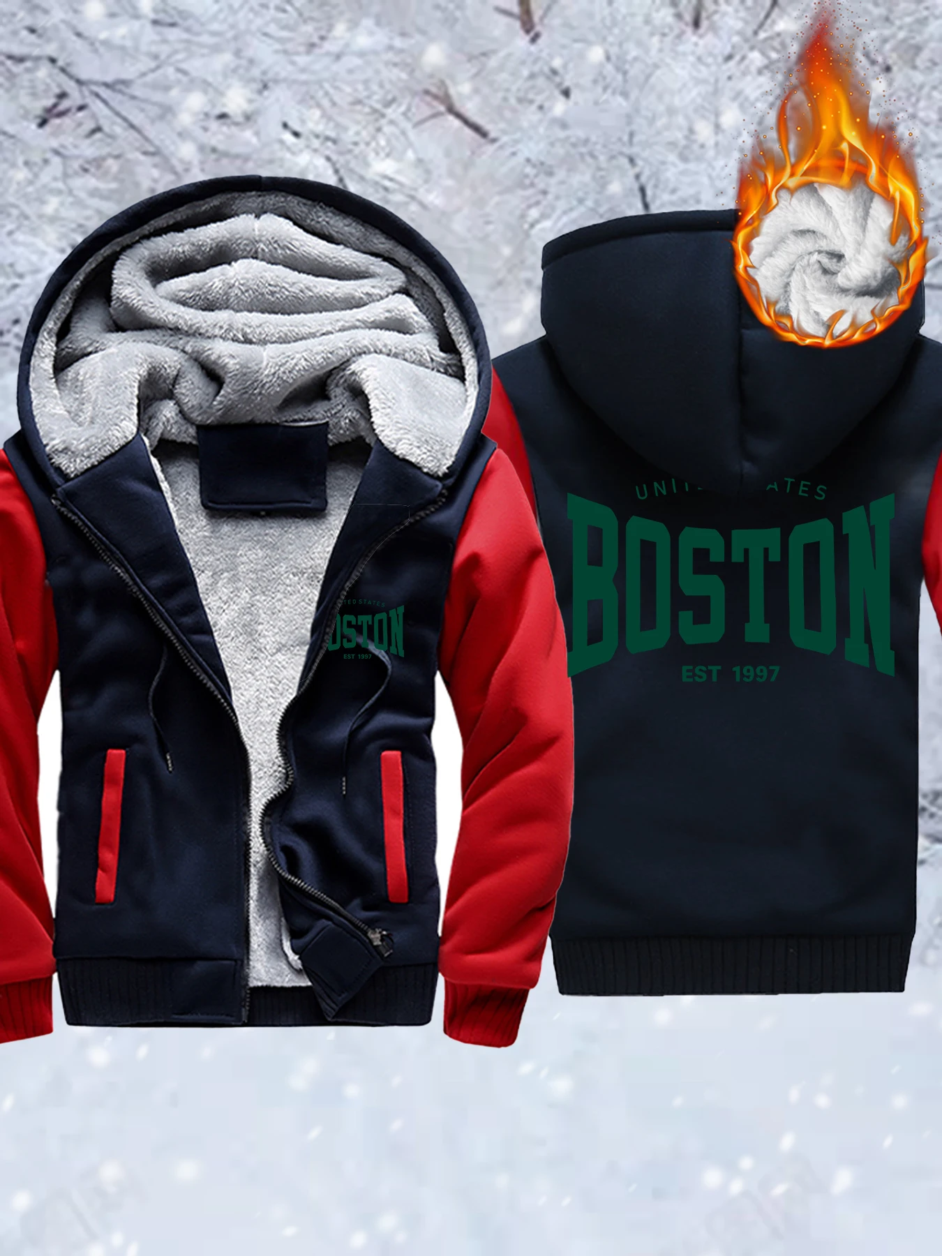 

Boston United States Est 1997 Prints Man Fleece Basic Jackets Zip-Up Winter Veste Thicken Warm Hoodie Comfy Soft Streetwear