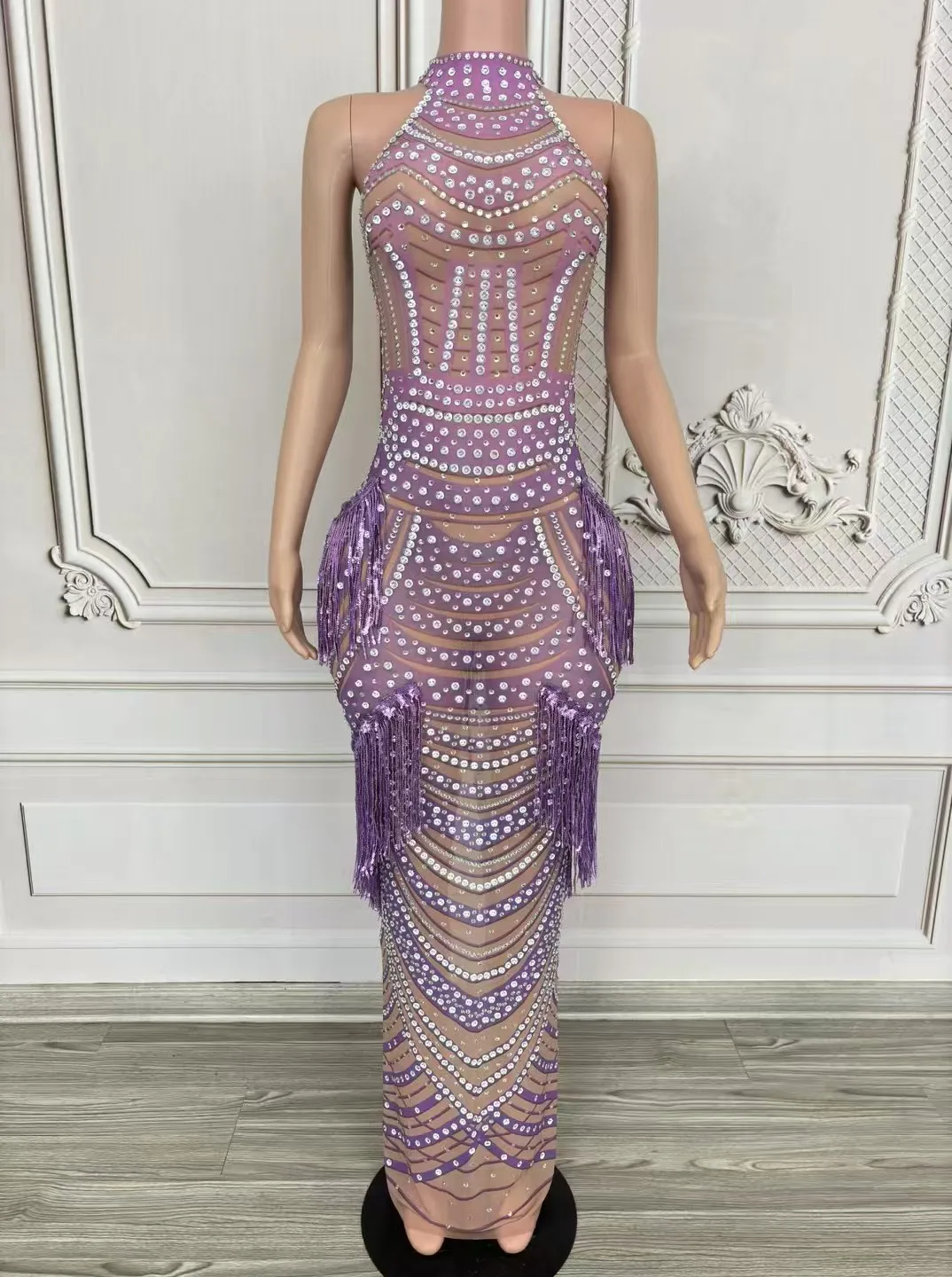 

Quality Rhinestone Tassel Sexy HangingNeck Elastic Hip Hugging Long Skirt 2024 NewFashionable Women'S Customized Clothing D324