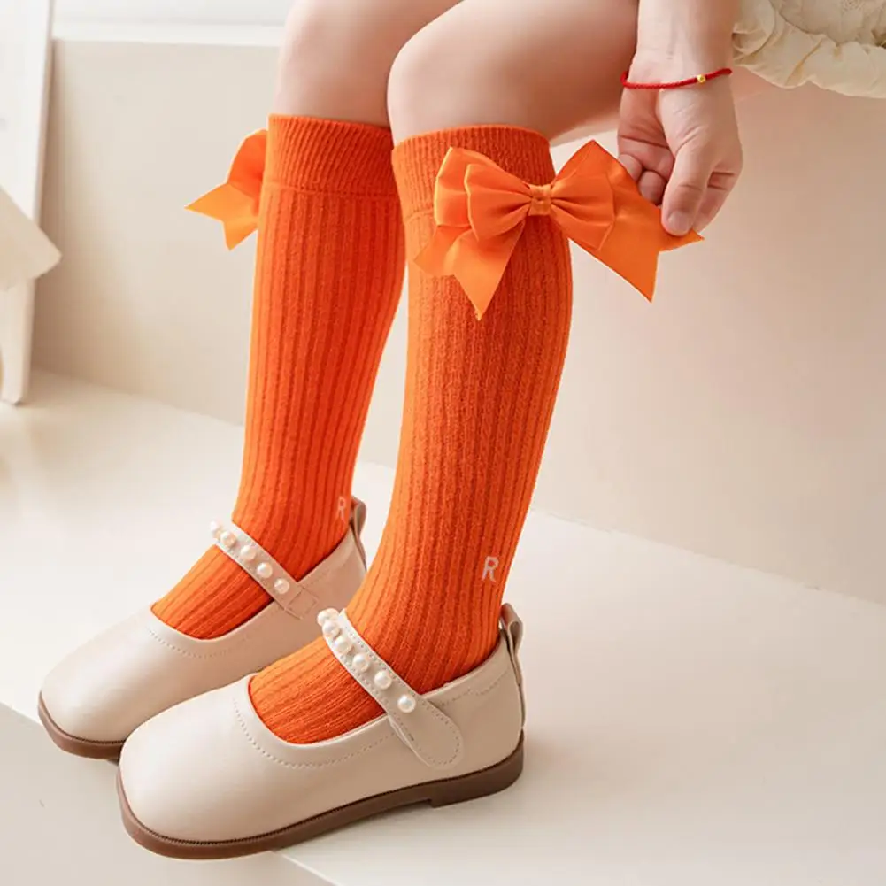 Cute Cartoon Kids Stockings Bow Knee High Cotton Socks Cotton Long Socks Breathable Mid-Calf Socks for Toddler 3-12Y