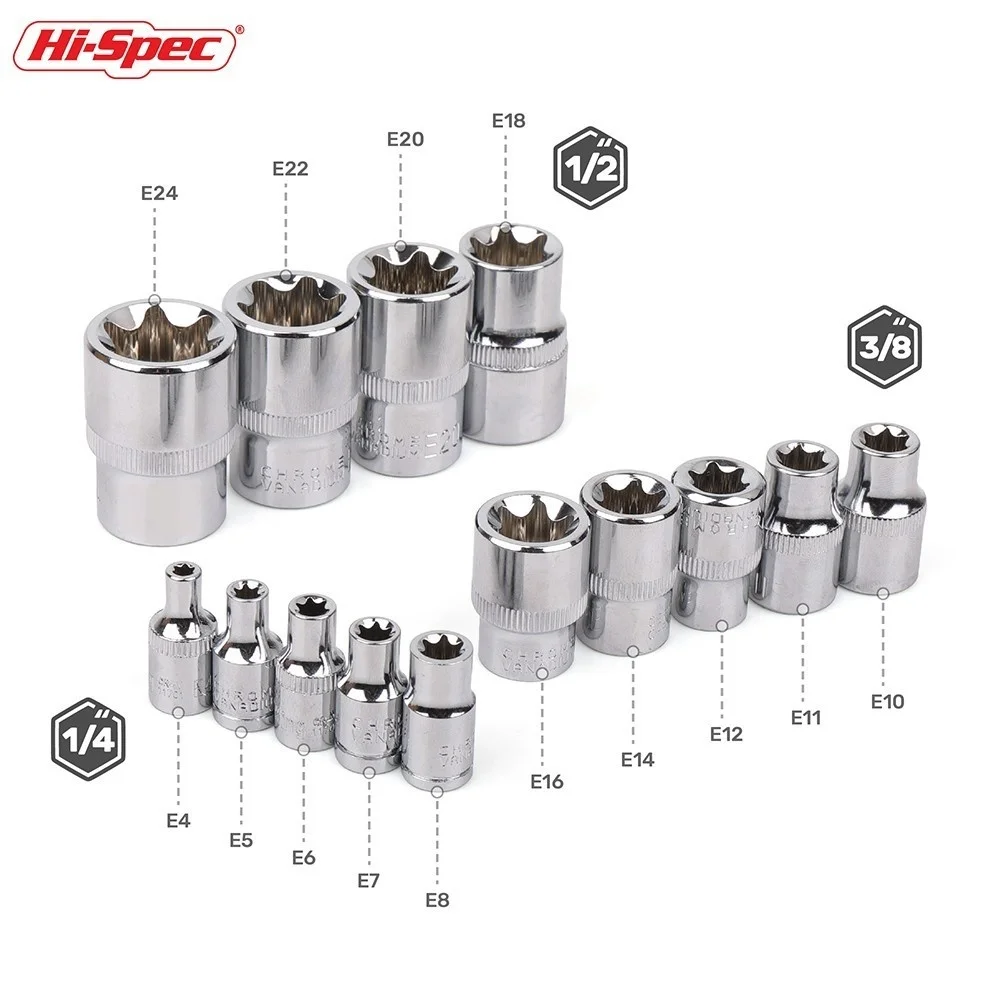 

Hi-Spec 1/4" 3/8" 1/2 E-Socket Sockets Set Adapter Torx Star Bit Repair Hand Tools Head for Torque Spanner Ratchet Socket Wrench