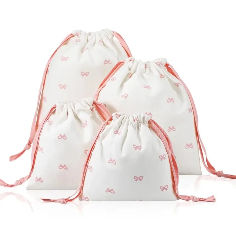 Bow drawstring makeup bag cute pink makeup drawstring bag kawaii portable cotton storage bag foldable wallet dust bag tote bag