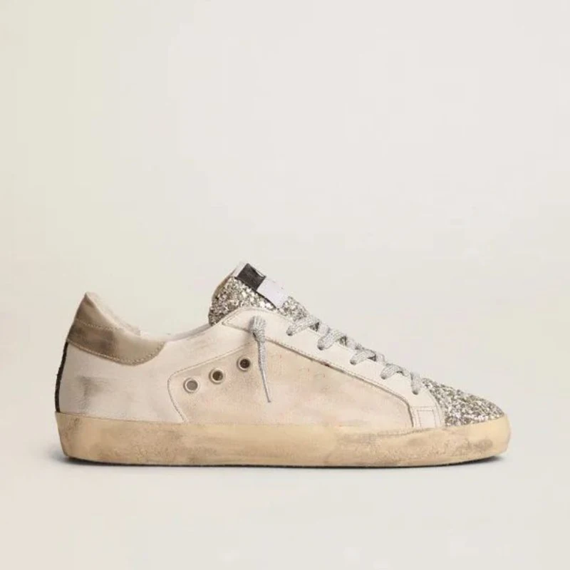 Image of Neue Damen-Sneaker im Shabby-Chic-Look aus Echtleder, Modische Vielseitige Weiße Freizeitschuhe