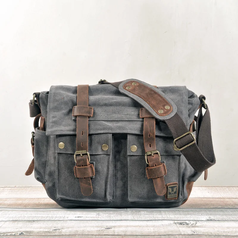 Will Smith Canvas Bag Retro Tactical Men's Casual Motorcycle Slant Bag Large Capacity Soft Handle Leather Decorated Shoulder Bag