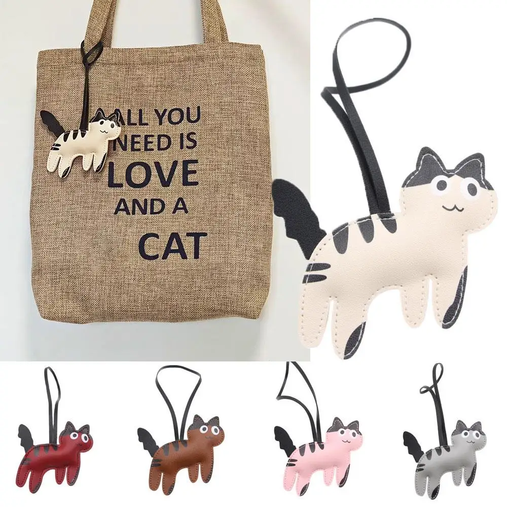 Classic Cute Cartoon Cat Bag Pendant Key Chain Fashion PU Leather Cow Cat Key Accessories Gifts Bag Charm Hanging Decoration