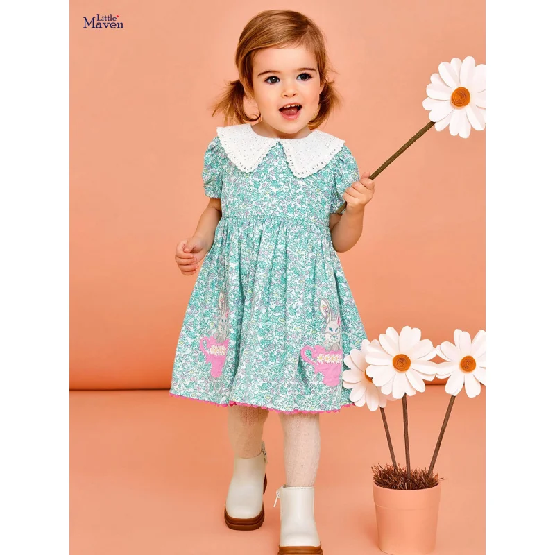 

2025Girls' Summer New European and American Style Cute Cartoon Short Sleeve Floral Princess Dress