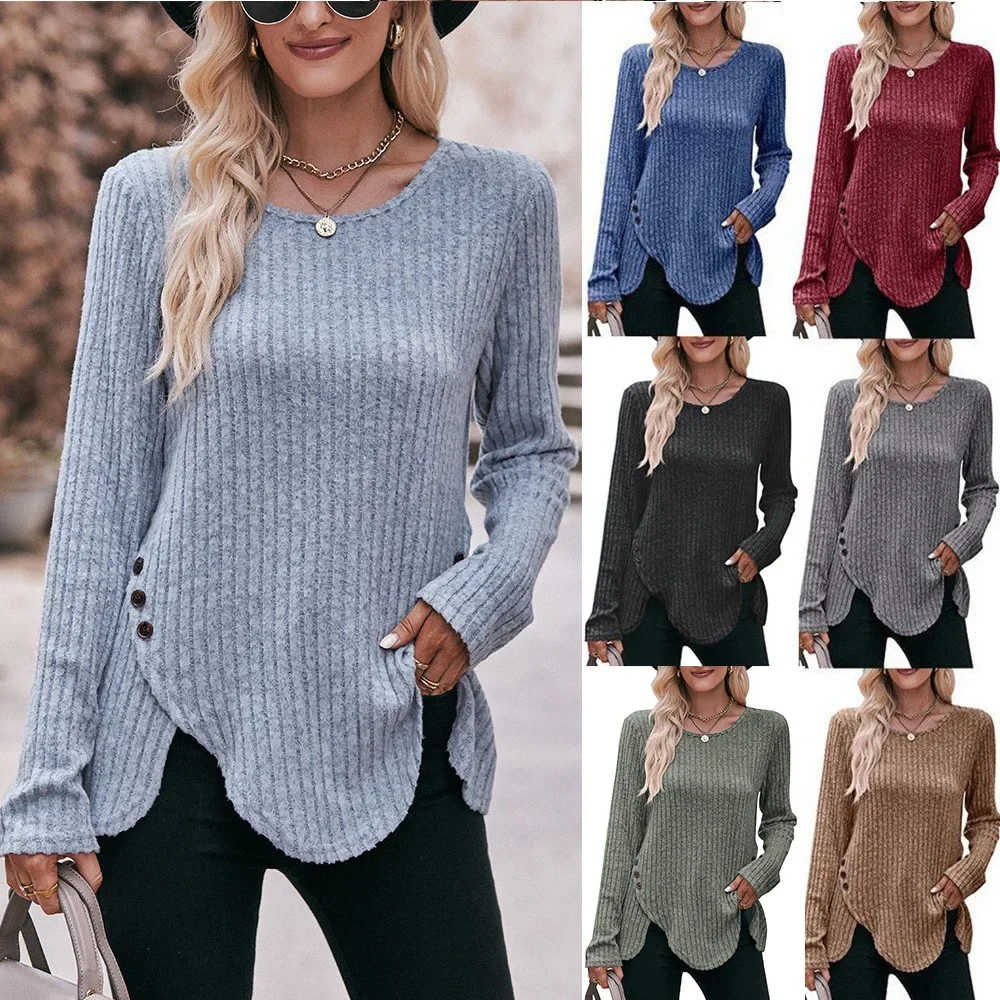 

2025 Women's Spring Autumn Knitted Tops Round Neck Pit Stripe Brushed Solid Color Top Women Irregular Hem Button Casual Pullover