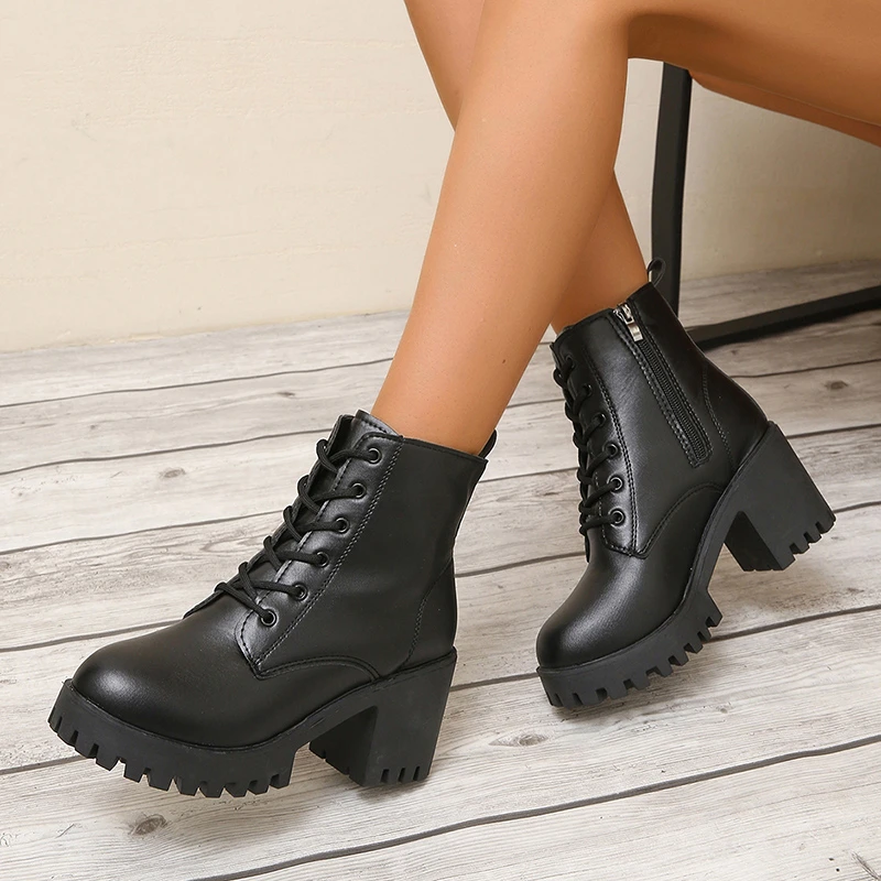 

Winter Elegant Solid Color Round Toe Lace Up Short Boots Fashionable New Comfortable and Wear-resistant Women's Work Boots