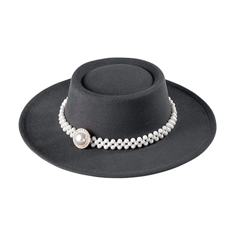 Women White Fedora Pork Pie Hat Felt Wide Brim Vintage Top Hat with Pearl Belt Wide Brim Panama Trilby Cap Autumn winter