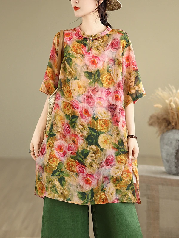 

Ele ort Sve irt Повседневный хлопковый летний топ с воротником-стойкой и пуговицами с разрезом подол для женщин больших размеров и груш...