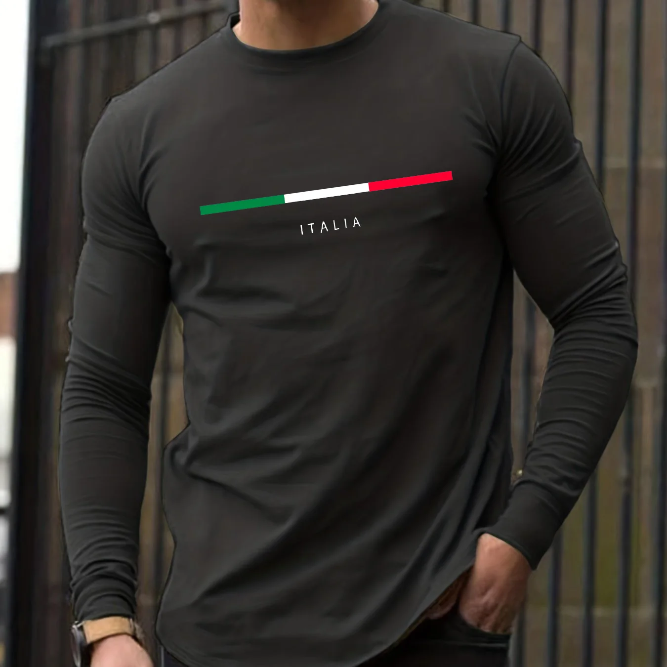 Men's Spring and Autumn 100% Cotton Loose Comfortable Casual ITALIA Letter Pattern Printed Round Neck Long Sleeve T-shirt