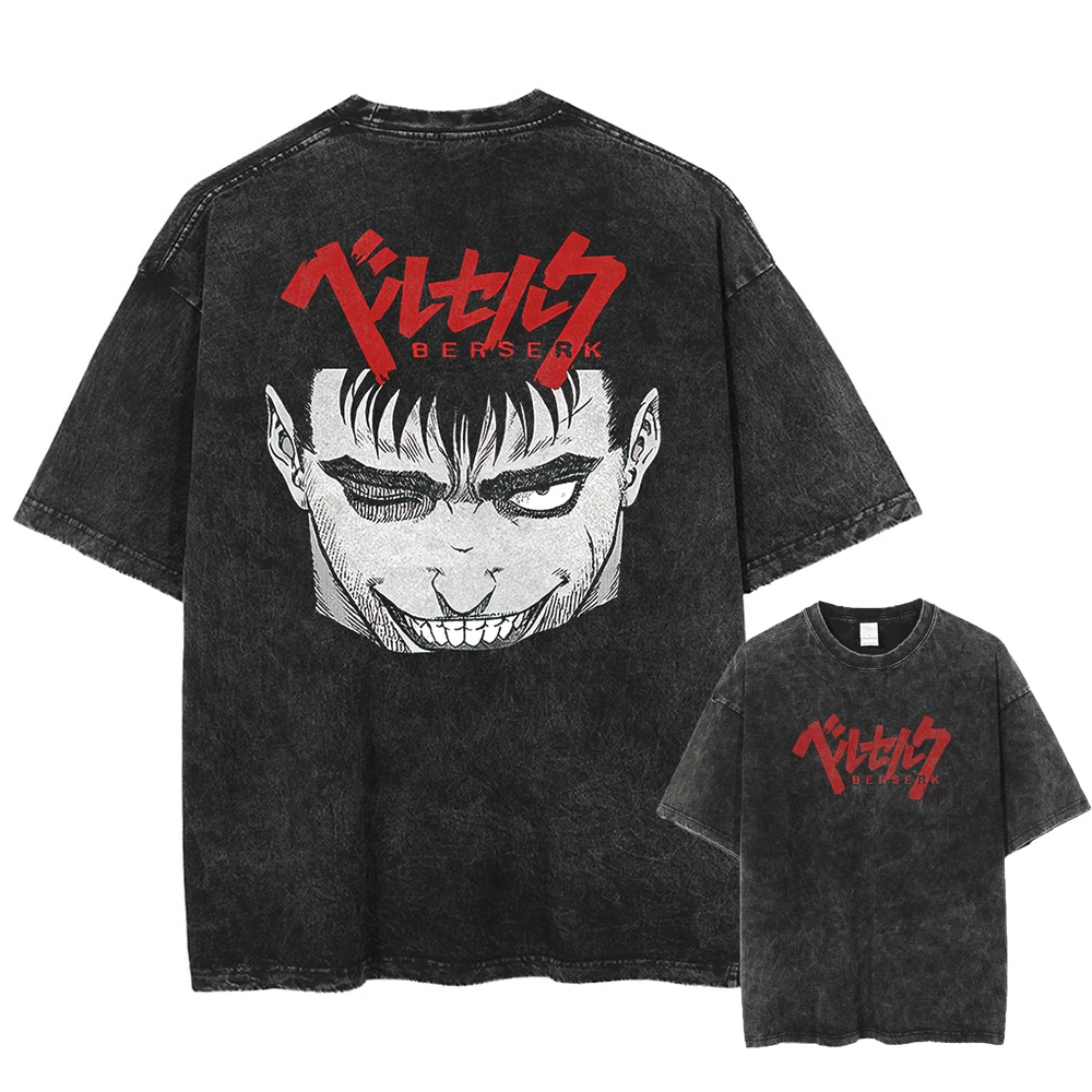 Camiseta lavada con estampado de Anime Berserk Guts, camisetas de calle de Manga para hombre, camisetas góticas Vintage Harajuku de algodón lavado para hombre