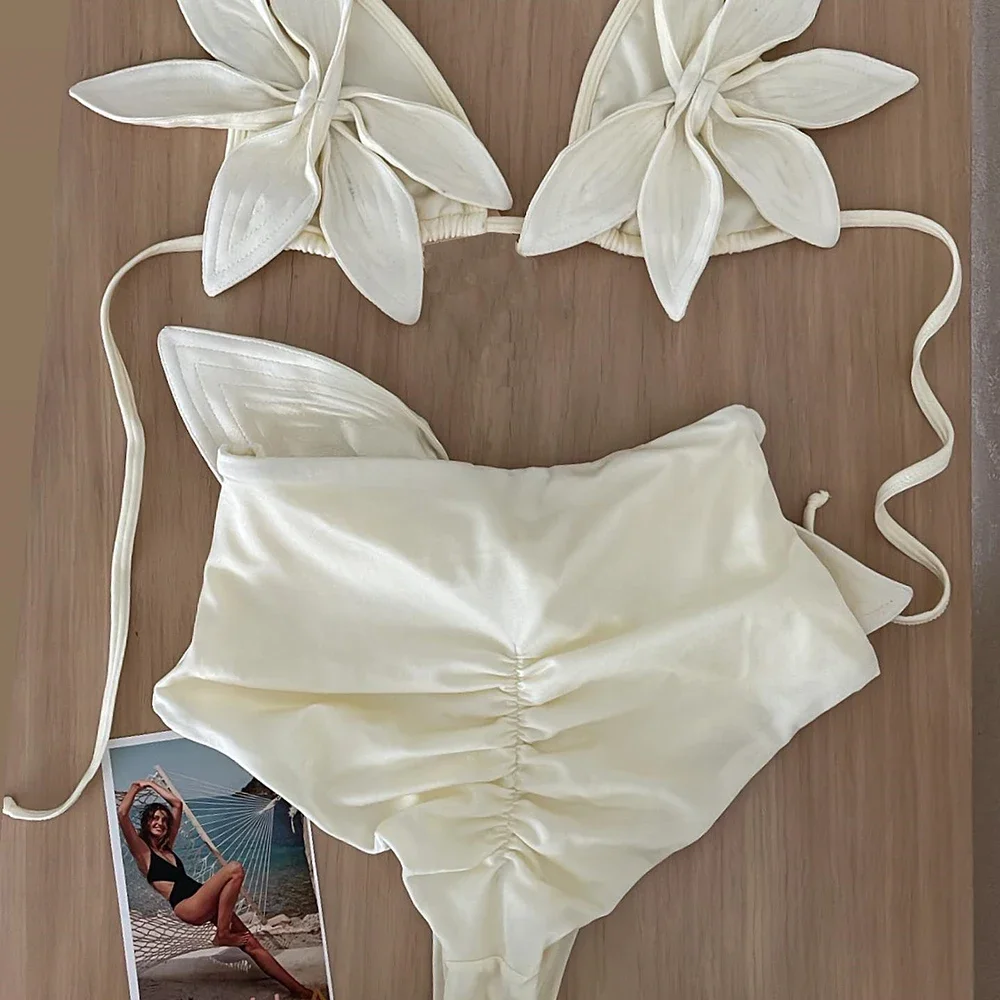 Sexy White Floral Lace Bikinis Women Swimsuit V-neck High-waisted Two Piece Bathing Suit Beachwear Bowkont Biquini Female Swim