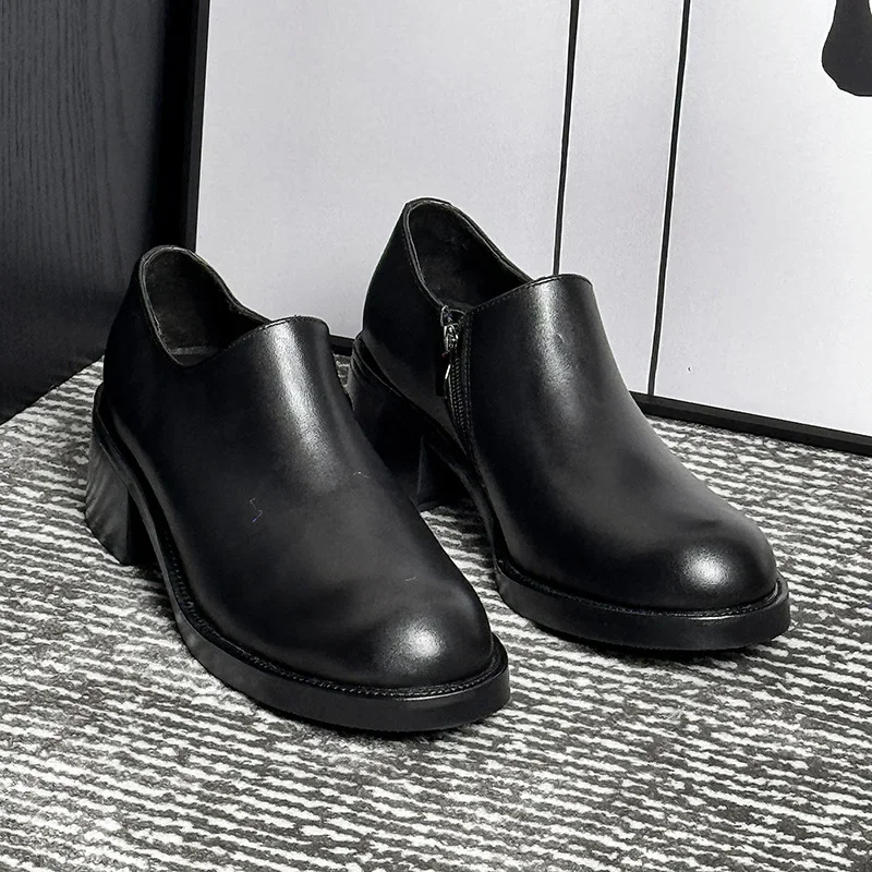 6 Cm Height Mens Dress Shoes Luxury Genuine Leather 2026 Spring New Retro Round Toe Black Wedding Social Shoes Man High Heels