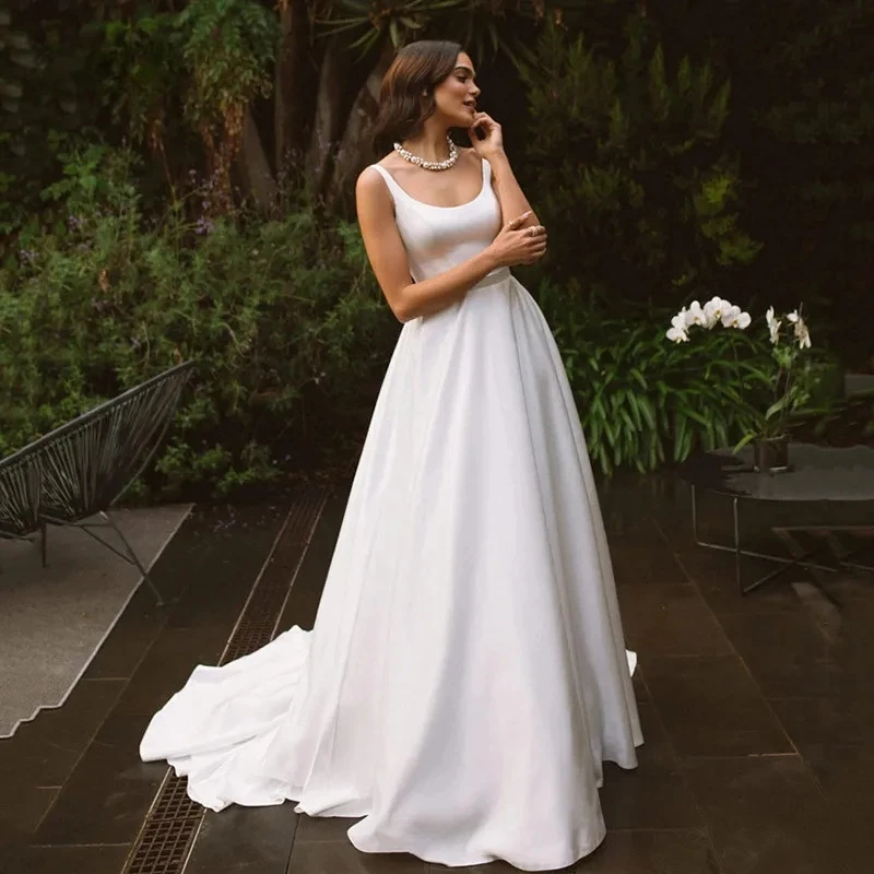 Simple Satin Customize To MeasuresPastoral Style Wedding Dresses A Line Sleeveless U Neck Bride Dress Elegant Soft Satin Princes