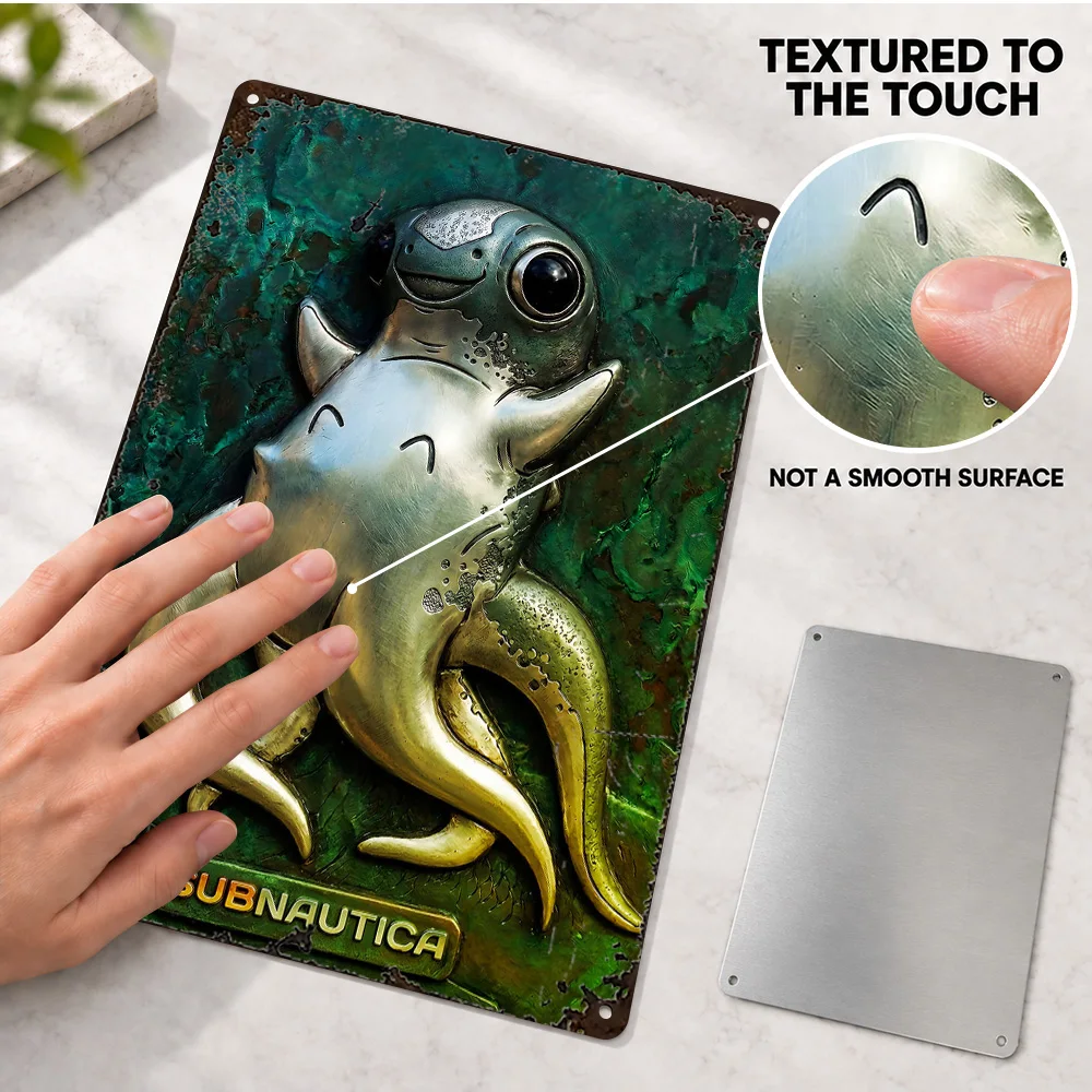 Subnautica Cuddlefish Aluminum Poster Customized Metal Sign Sea Creature Relief Effect Illustration Wall Art For Gaming Room