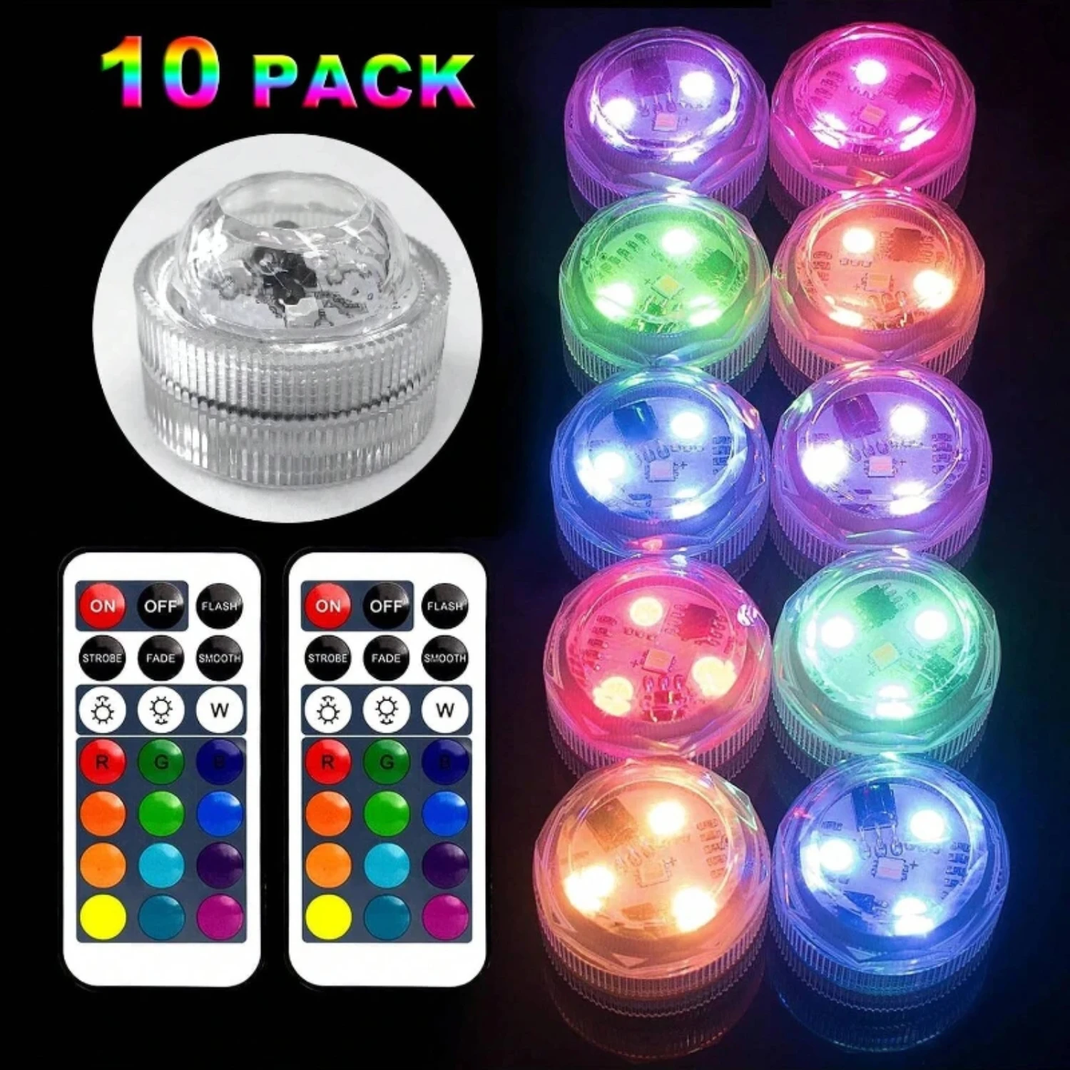 

New 10pcs Battery Powered LED Underwater Lights with Remote RGB Submersible Light Waterproof Swimming Pool Night Lamp Decor