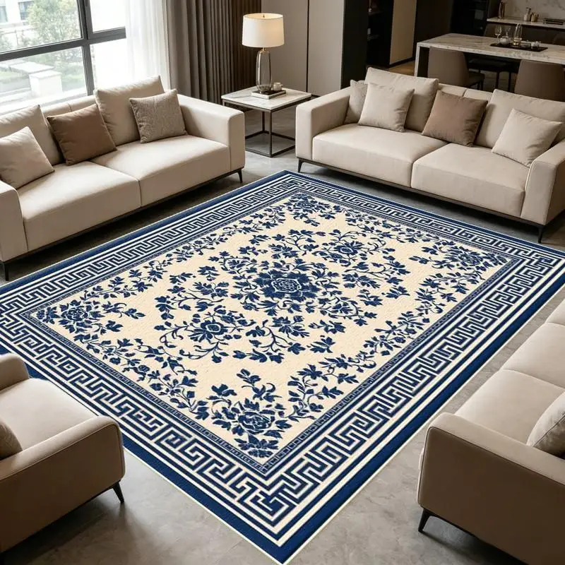Vintage Blue White Floral Area Rug Classic Chinese Porcelain Motif For Living Room Dining Room Home Decor