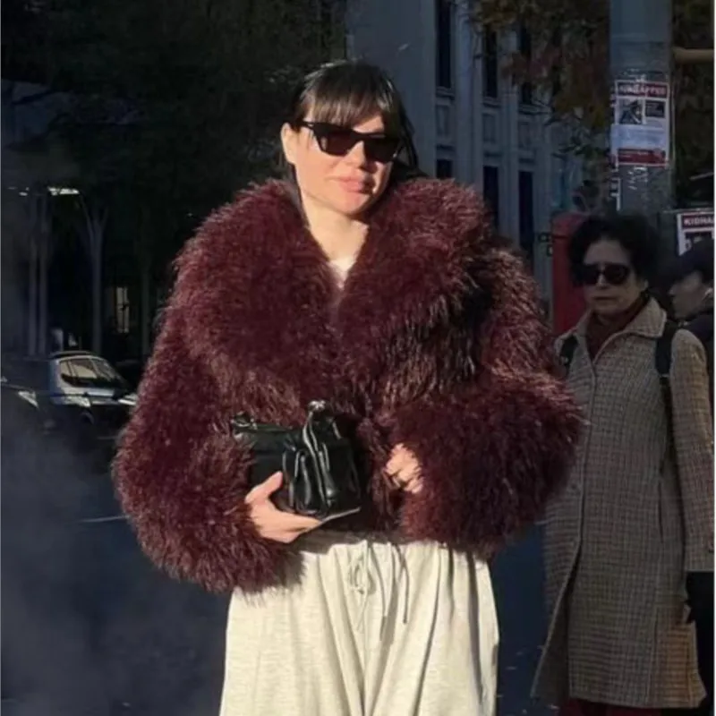 

2025 женская однотонная куртка из искусственного меха, зимнее новое короткое пальто с мехом, теплое плюшевое меховое пальто, элегантная плюшевая укороченная куртка Femme