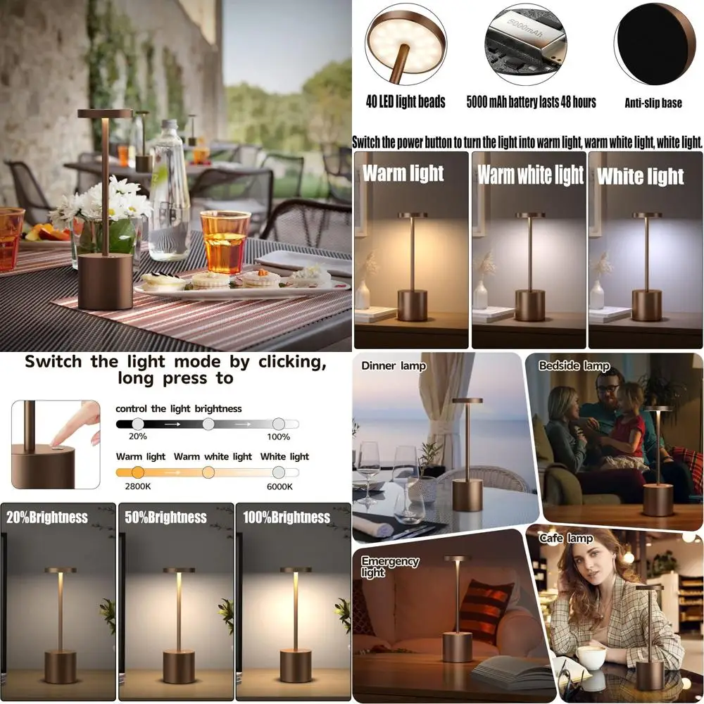 

Комплект из 2 перезаряжаемых светодиодных настольных ламп, аккумулятор 5000 мАч, 3-уровневая яркость, портативная металлическая лампа для дома и улицы