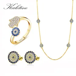 KALETINE Evil Eye Necklaces For Women Jewelry 925 Sterling Silver Earrings Ring Set Designer Zircon Fatima Pendant Necklace Set