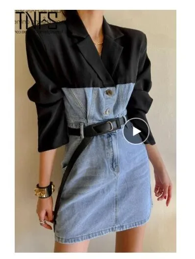 Getspring Women Dress Notched Collar Denim Stitched Single Breasted Long Sleeve Suit Dress Fashion Ladies Mini Dresses Autumn