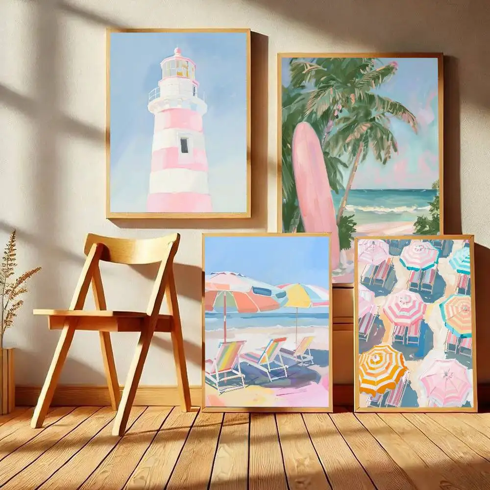 Pastel Oyster Shell Beach Umbrella Surfing Ocean Waves Seascape Poster Art With Prints Home Bedroom Living Room Decoration Gift