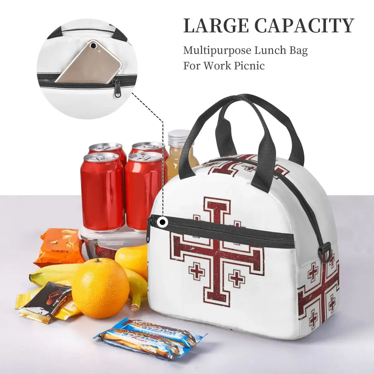 Jerusalem Cross Medieval Knights Cross Crusader Insulated Lunch Bag for Women Children Portable Food Boxes Thermal Lunch Tote