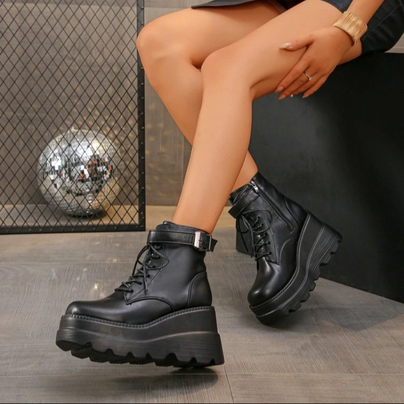 2024 NEW Punk Style Women Shoes Lace-up heel height 9CM Platform Shoes Woman Gothic Ankle Rock Boots Metal Decor Woman Sneakers