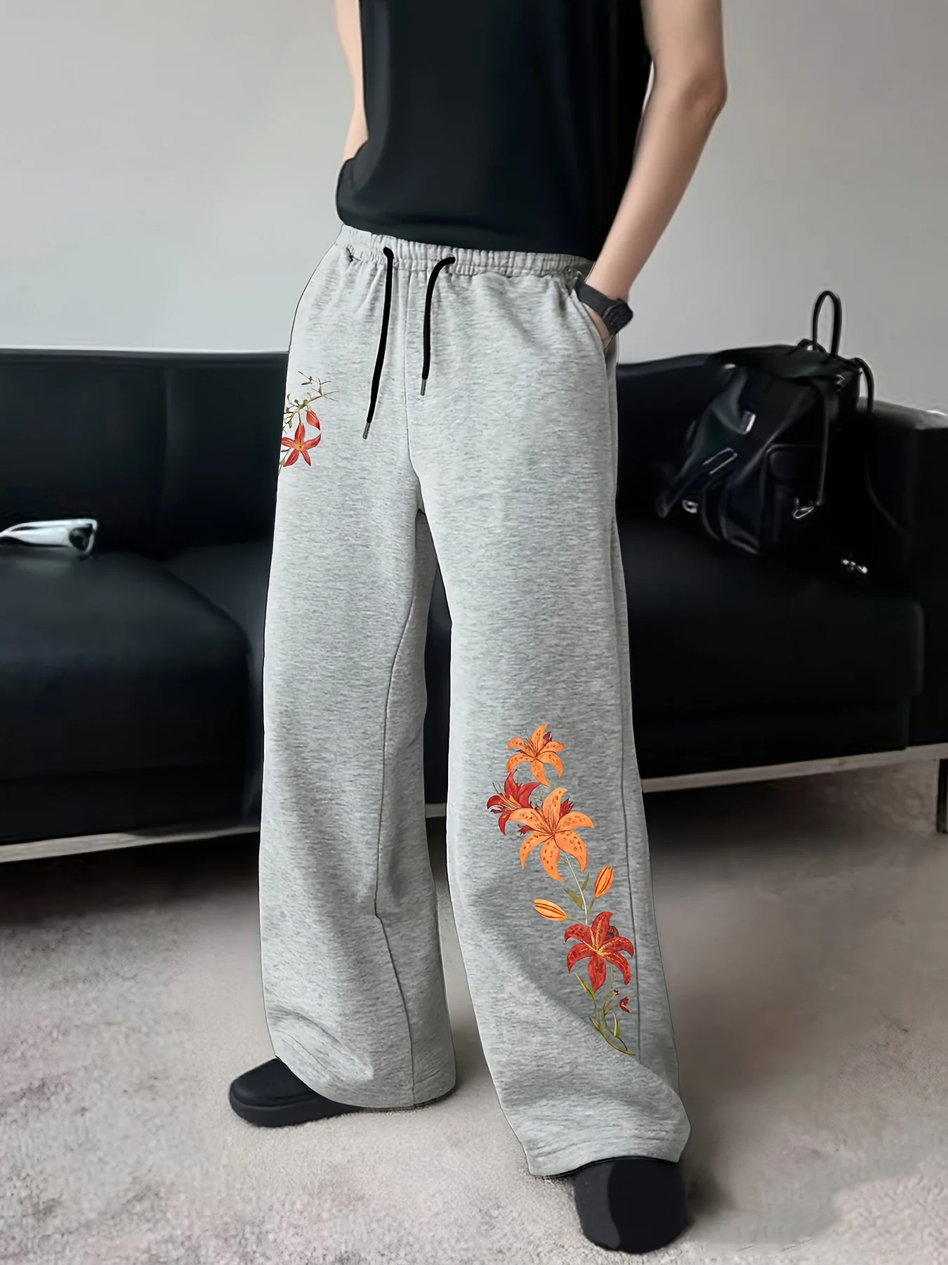 Retro Floral Print Straight‑Leg Pants, Men's Casual Straight Sweatpants Streetwear Drawstring Trousers S‑3XL